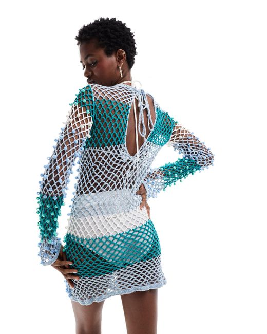 ASOS Blue Knitted Crochet Beaded Mini Dress