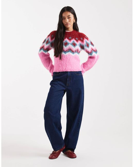 ASOS Pink Power Shoulder Fairisle Brushed Jumper