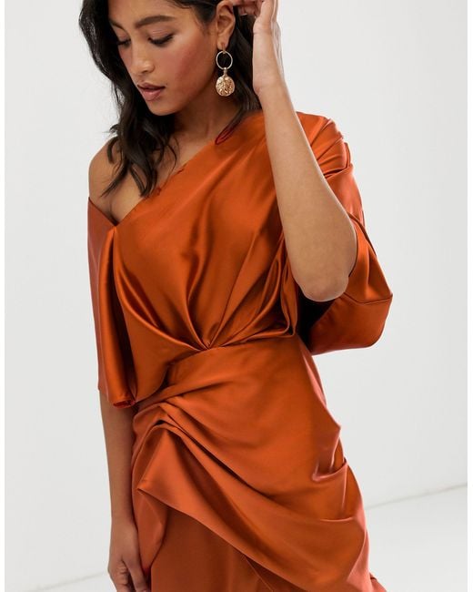 asos edition drape asymmetric midi dress in satin out details ASOS EDITION satin draped one