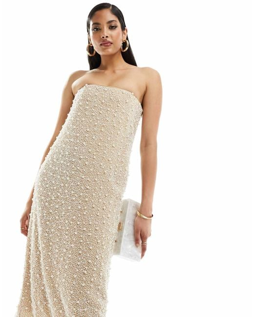 & Other Stories Bandeau Midi Dress With Sequin And Faux Pearl Embellishment  in Natural | Lyst Australia