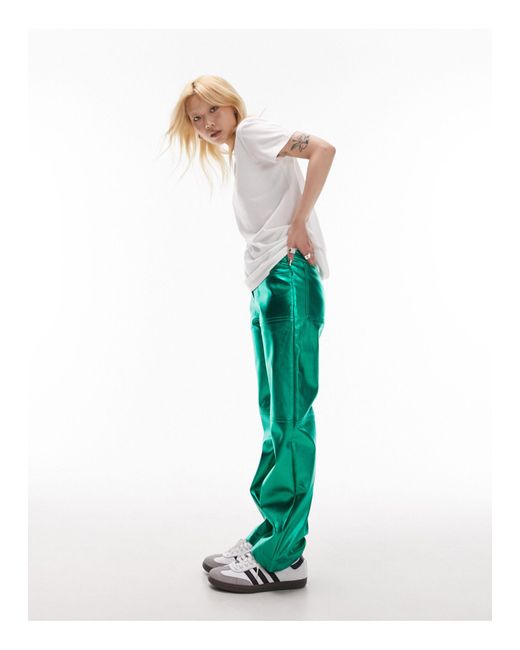 Topshop Unique Green Leather Low Rise Tab Waist Straight Leg Metallic Trouser