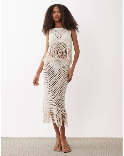 ASOS Brown Premium Hand Crochet Fringed Beaded Top