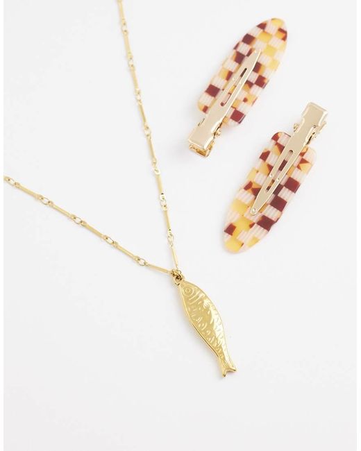 ASOS Metallic Asos Design Curve Waterproof Stainless Steel Necklace With Fish Pendant