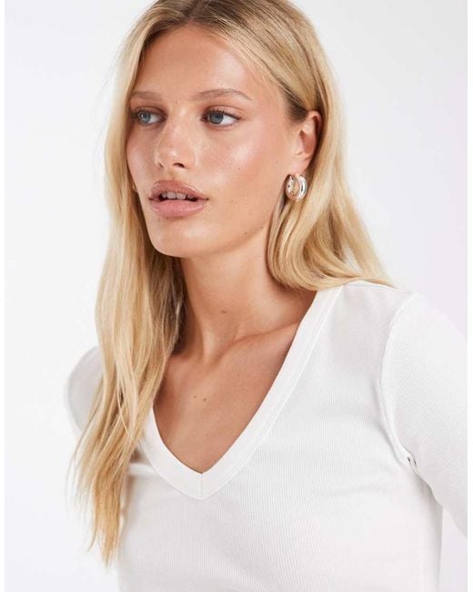 Vero Moda White Deep V-neck Long Sleeve T-shirt