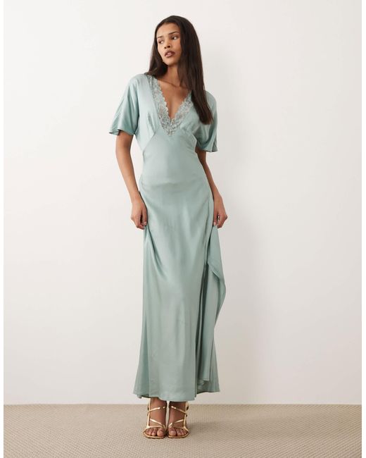 vila green dress Lace Trim V-neck Satin Maxi in _tab_size-chart