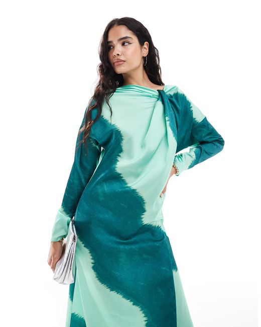 ASOS Blue Twist Neck Fallen Sleeve Satin Maxi Dress