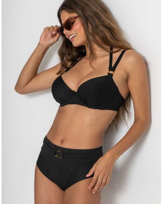 Pour Moi Black Hawaii Textured Double Strap Underwired Padded Halter Bikini Top