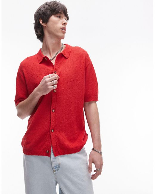 Topman Red Relaxed Fit Knitted Textu Button Through Shirt for men