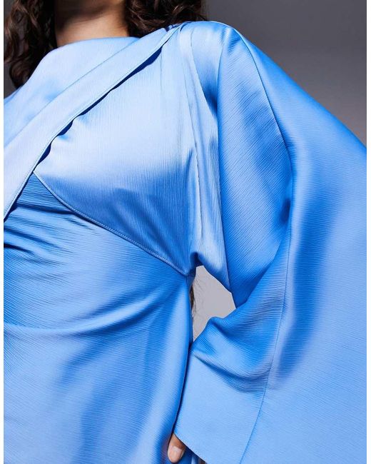 ASOS Blue Asos Design Petite Wrap Front Batwing Satin Bias Maxi Dress