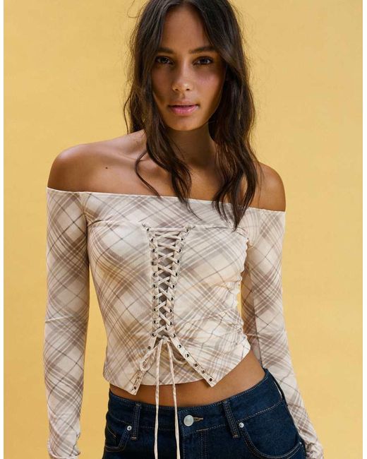 Bershka Blue Long Sleeve Corset Lace-Up T-Shirt