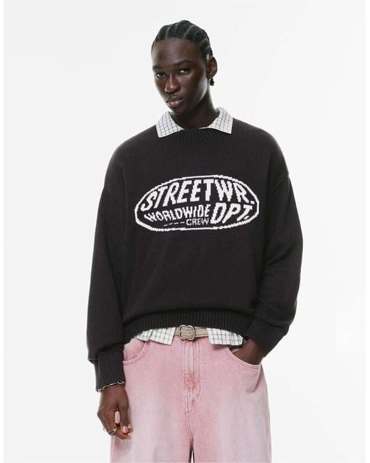Pull&Bear Black Graphic Slogan Sweater for men