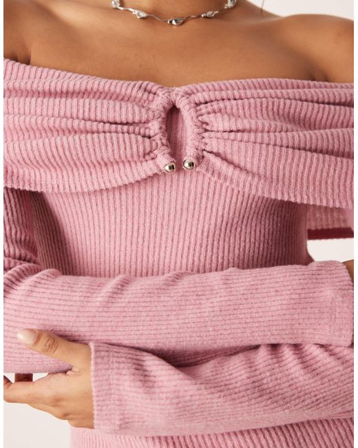 ASOS Pink Supersoft Brushed Rib Hardware Detail Off Shoulder Jumper