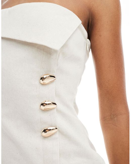 4th & Reckless White Linen Blend Bandeau Foldover Gold Button Detail Maxi Dress