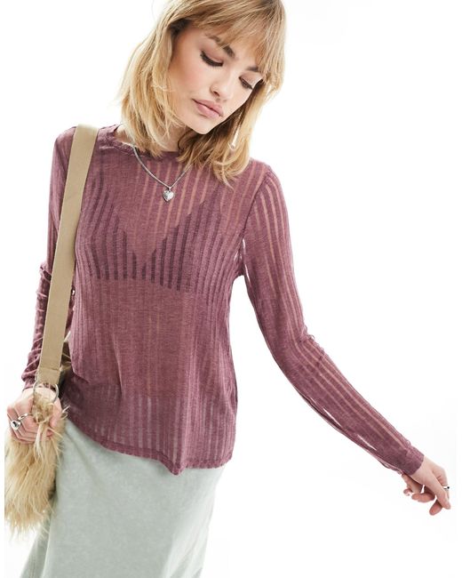 ONLY Purple Sheer Stripe Long Sleeve Top