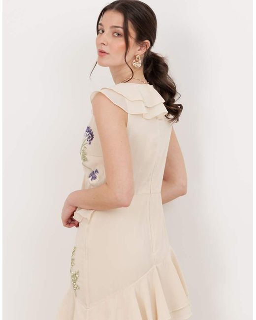 Maya Natural Embellished Asymmetric Ruffle Maxi Dress