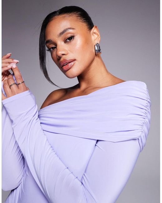 Missy Empire Purple Double Sculpted Slinky Asymmetric Fold Over Shoulder Drape Detail Bodycon Maxi Dress