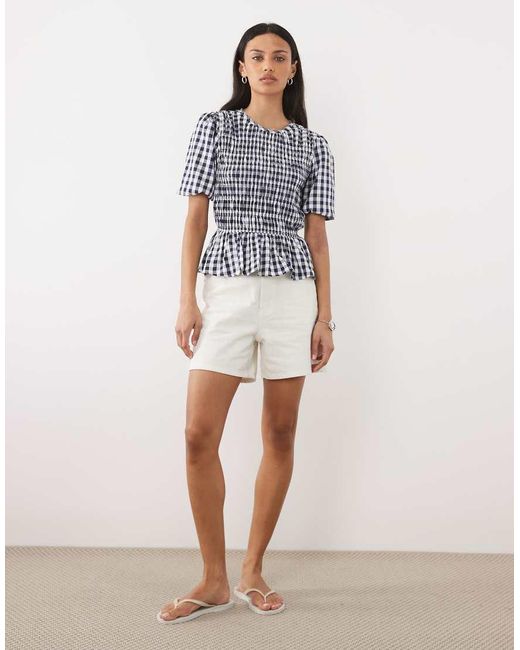 Threadbare Blue Textured Shirred Top With Puff Sleeves