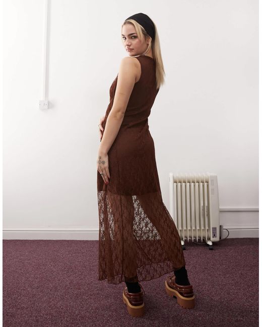 Retro Lace-Trimmed Splicing Striped Print Button-Down Maxi Dress main image 0