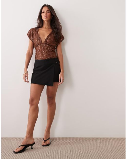 Miss Selfridge Brown Sequin V-neck Top With Gathered Waist