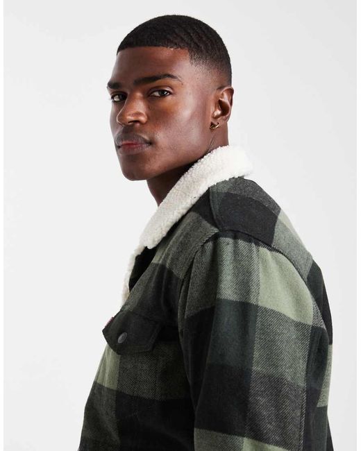 Levi's Gray Relaxed Fit Block Check Sherpa Trucker Jacket for men