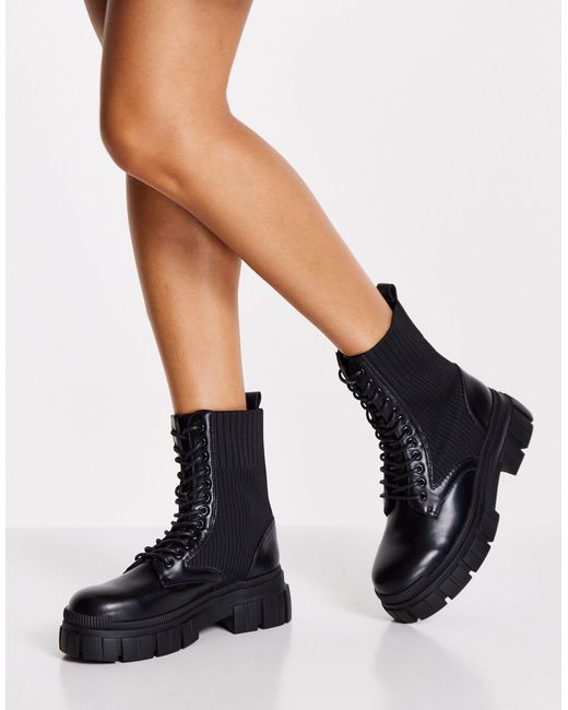 Pimkie Chunky Sole Lace Up Biker Boots With Rib in Black | Lyst UK