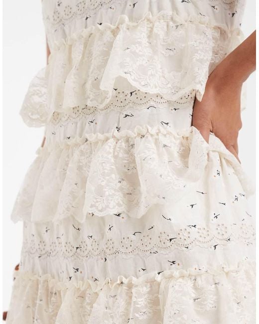 Vero Moda Natural Disty Floral Printed Cotton Cami Maxi Dress With Tiered Lace Trim