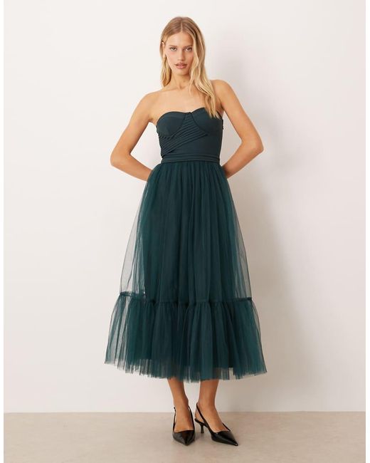 LACE & BEADS Blue Bandeau Tulle Midaxi Dress