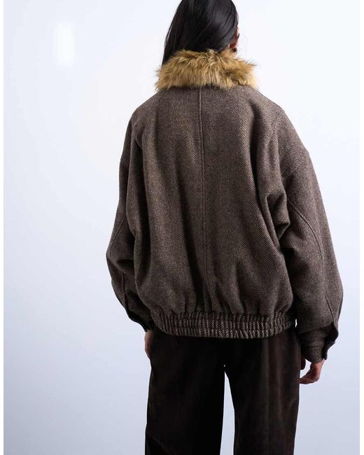 TOPSHOP Brown Twill Bomber With Faux Fur Collar With Wool