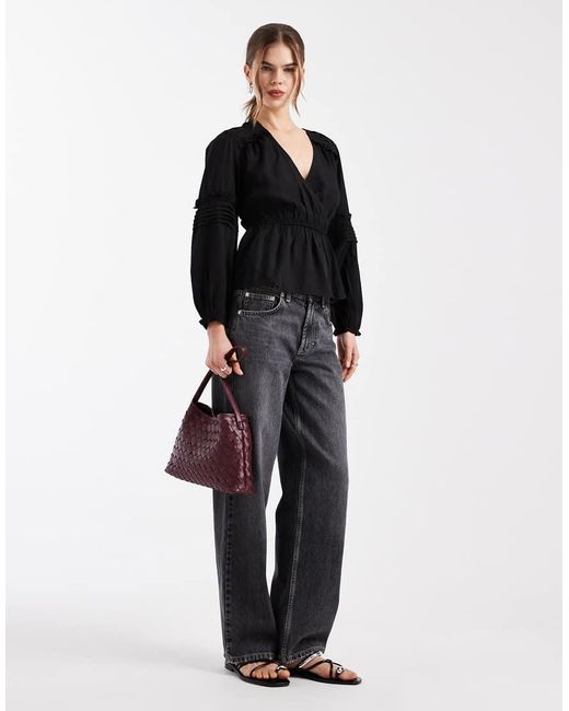 Wednesday's Girl Black V Neck Peplum Textured Long Sleeve Top