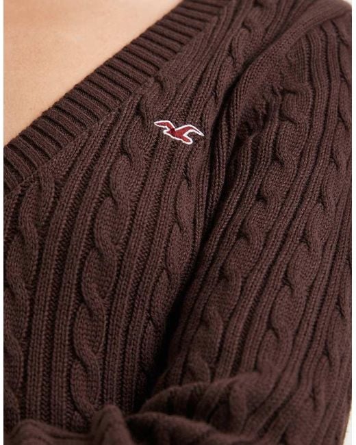Hollister Brown Logo V Neck Cable Knit Jumper