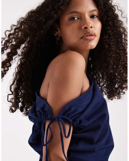 ASOS Blue Ruched Sleeve Fallen Shoulder Waisted Tee