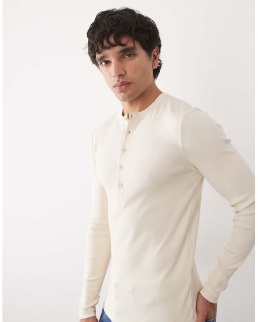 ASOS Natural Muscle Fit Long Sleeve T-shirt With Henley Neck for men