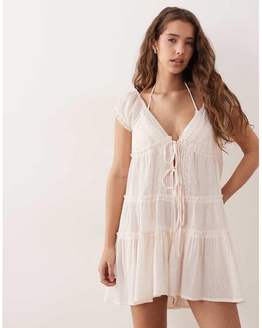 Miss Selfridge Natural Beach Embroidered Tie Front Playsuit