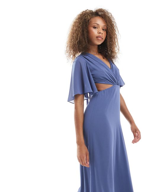 TFNC London Blue Bridesmaids Flare Sleeve Cut-out Maxi Dress With Bow Back
