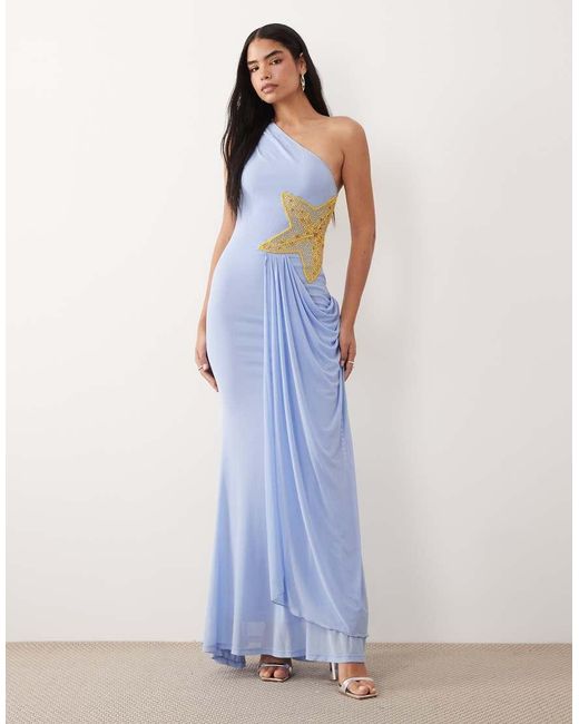 ASOS Blue Starfish Embellished Draped Mesh Maxi Dress