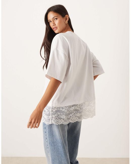ASOS White Longline Tee With Lace Hem