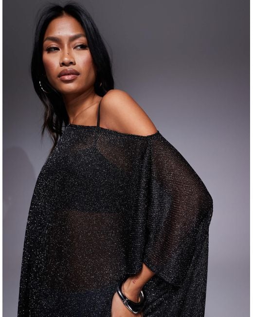 ASOS Blue Sheer Metallic Oversized Slouchy Off Shoulder Cape Top