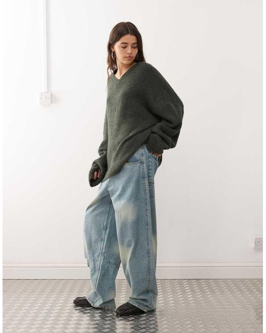 Weekday Green Wool Blend Super Oversized V Neck Jumper