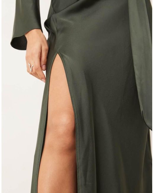 ASOS Green V Neck Scarf Detail Long Sleeve Maxi Dress