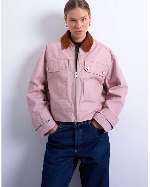 TOPSHOP Pink Patch Pocket Barn Jacket With Contrast Collar
