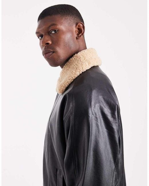 Chaqueta De Aviador Negra Con Solapas De Borreguito De ASOS de hombre de color Black