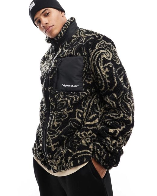 Jack & Jones Paisley Printed Zip Through Borg Jacket in Black for