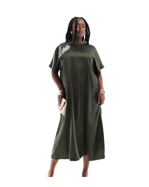 ASOS Black Asos Design Curve Satin Oversized Midi T-shirt Dress