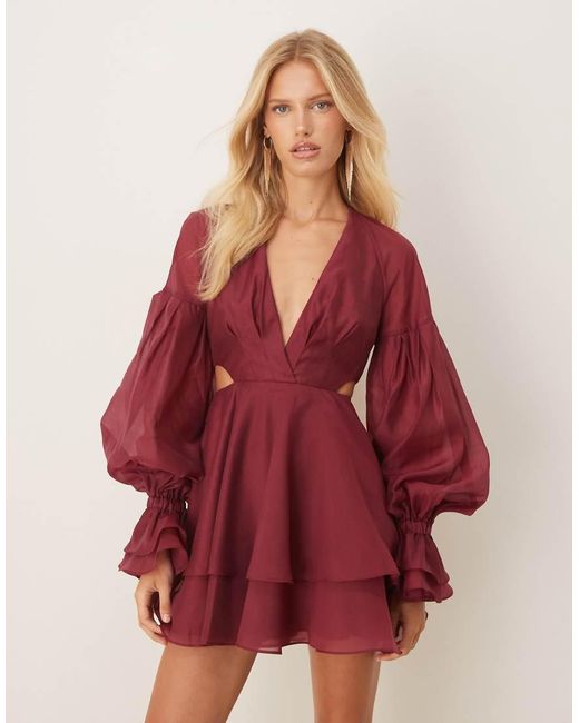 ASOS Red Organza Pleated Mini Dress With Blouson Sleeve And Cuff Detail