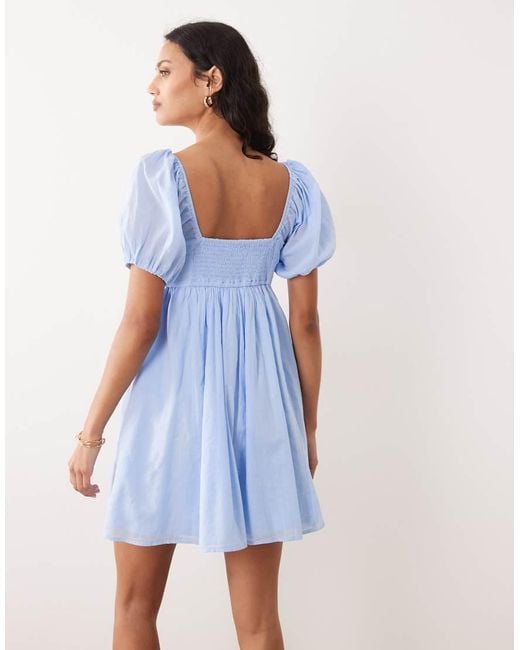 Abercrombie & Fitch Blue Square Neck Puff Sleeve Milkmaid Mini Dress