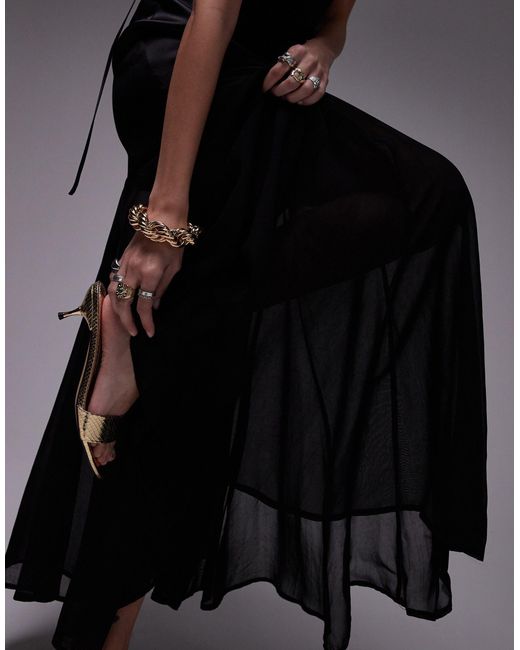 TOPSHOP Black Premium Satin Cami Fabric Mix Midi Dress