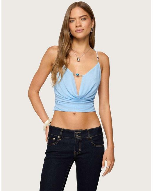 Edikted Blue Beaded Deep Cowl Neck Backless Top
