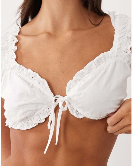 Wanderdoll White Emmy Cotton Broderie Off Shoulder Tie Front Bralette Top Co-ord