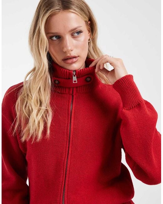 ASOS Red Knitted Cotton Blend Funnel Neck Zip Up Cardigan