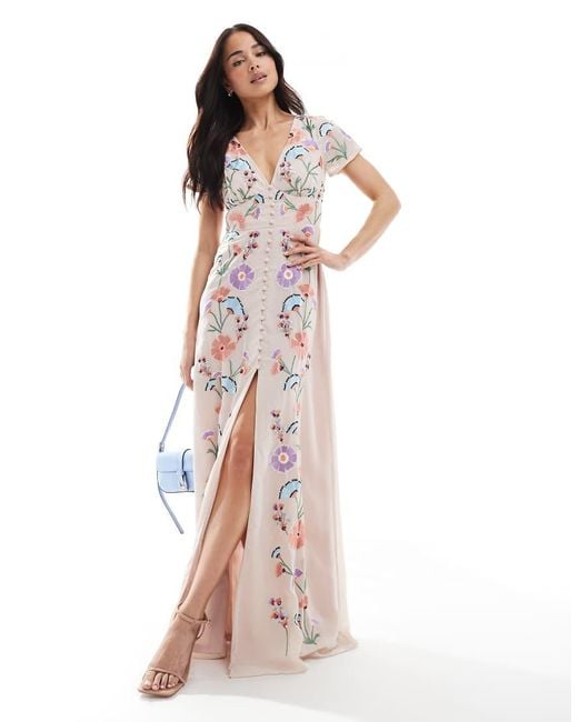 Maya Multicolor Embroidery & Faux Button Front Maxi Dress